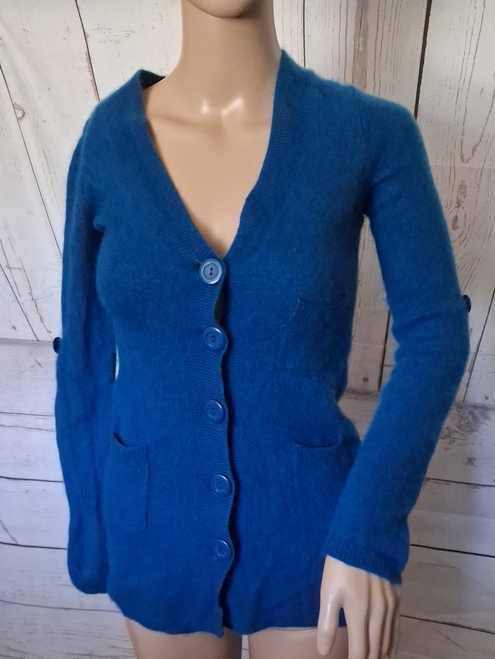 Aqua Deep Teal Blue V-Neck Button Front Cashmere Cardigan Size Small